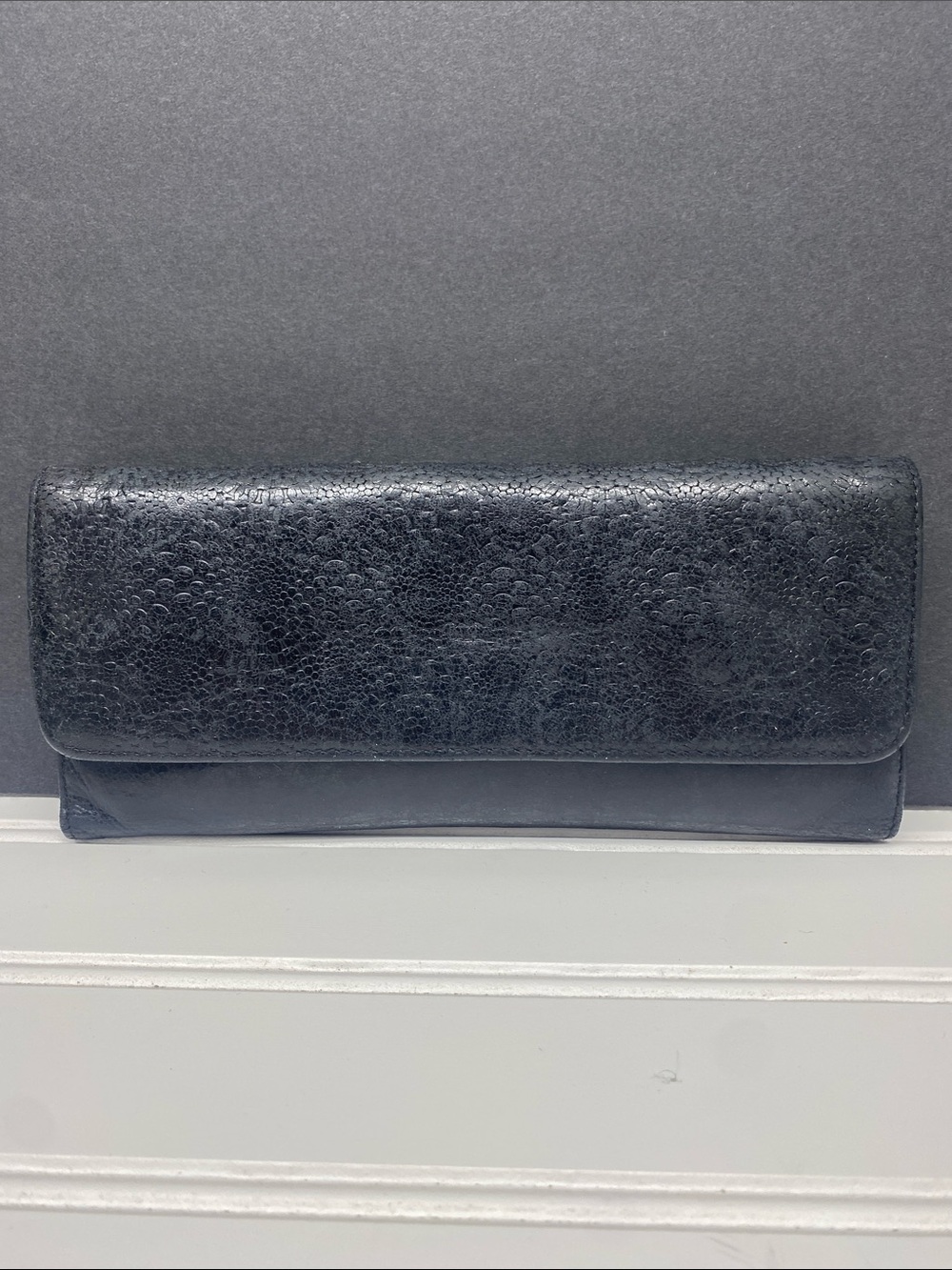 HOBO Trifold Leather Black Embossed Snap Close Wallet